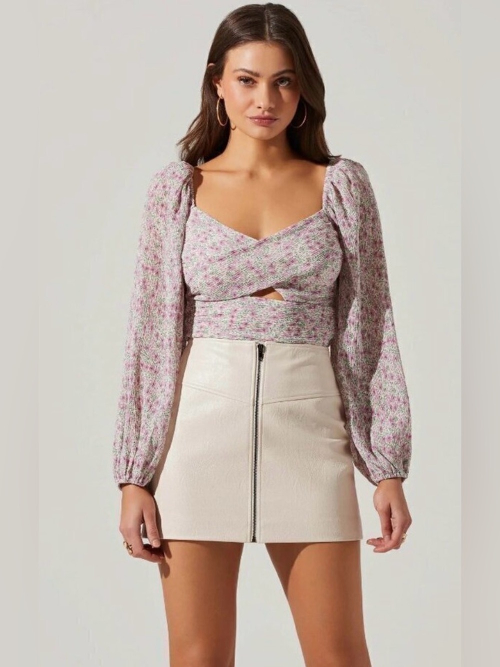 ASTR The Label Plisse Cross Bust Top Purple Ditsy Floral Print , Medium